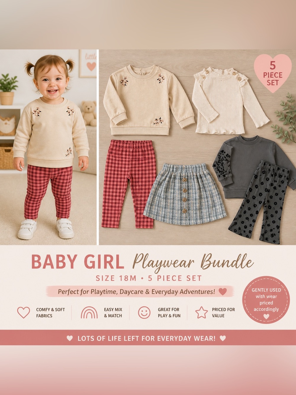 Carter’s Gingham Leggings & Mixed Brands Toddler Girl Playwear Bundle Outfit Set